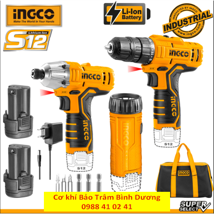 INGCO23_Bộ combo máy siết vít pin, khoan pin và đèn CKLI1203